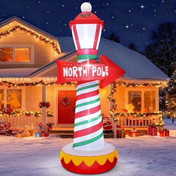 ⚡6FT Christmas Inflatables North Pole Road Sign Street Lamp Outdoor Decorations - Picture 1 of 6